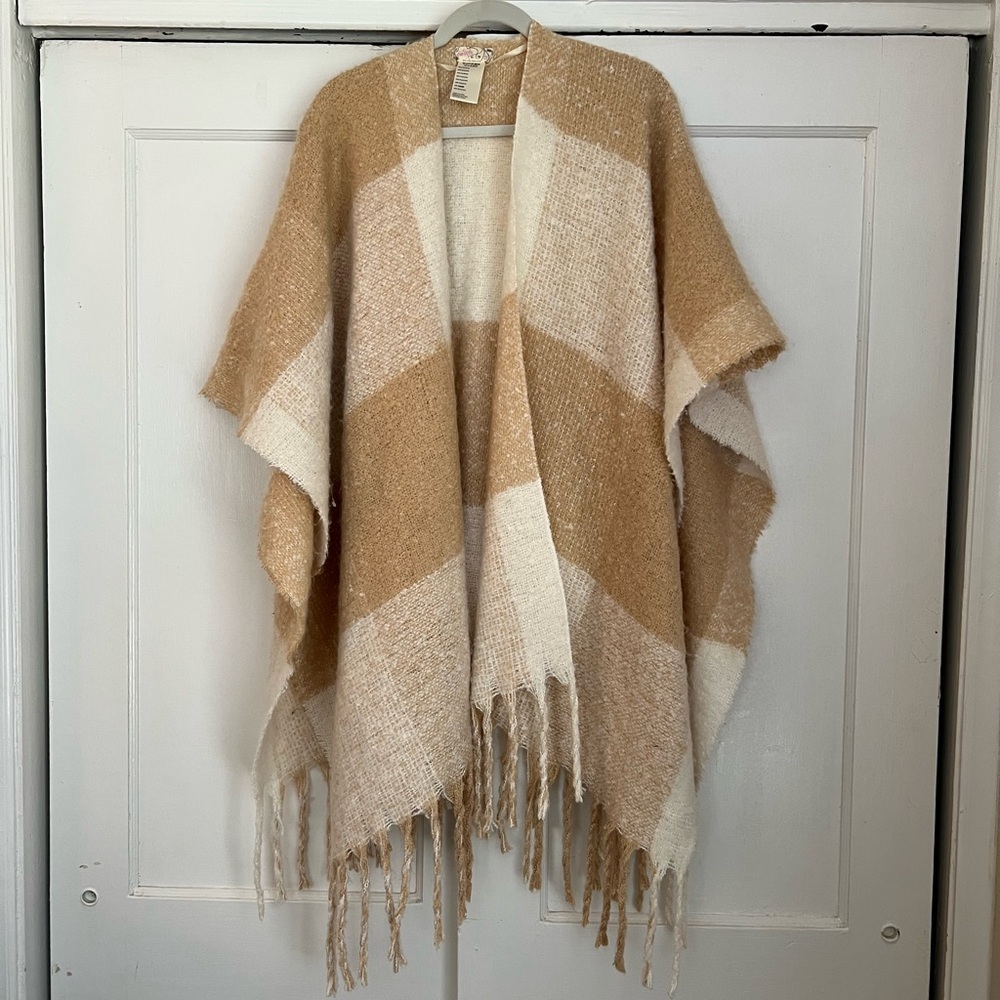 Free People Hampton Brushed Plaid Blanket Wrap One Size Tan - Picture 2 of 6